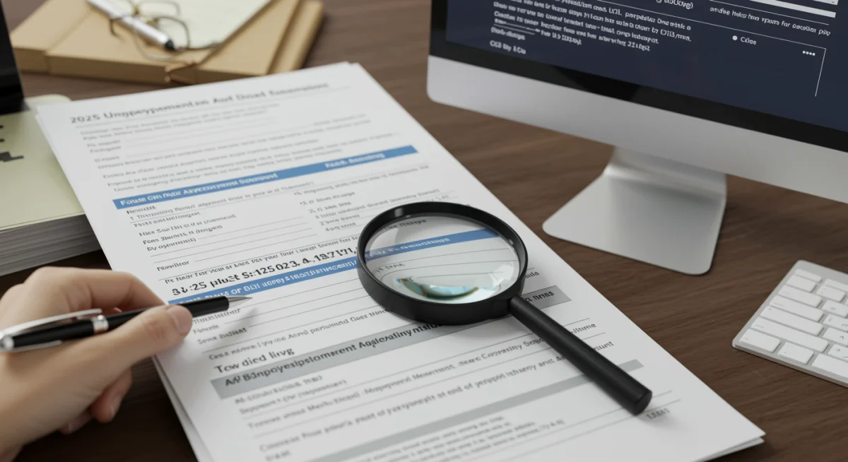 Close-up of unemployment application forms and computer screen, highlighting the need for careful review of 2025 federal benefit extensions.