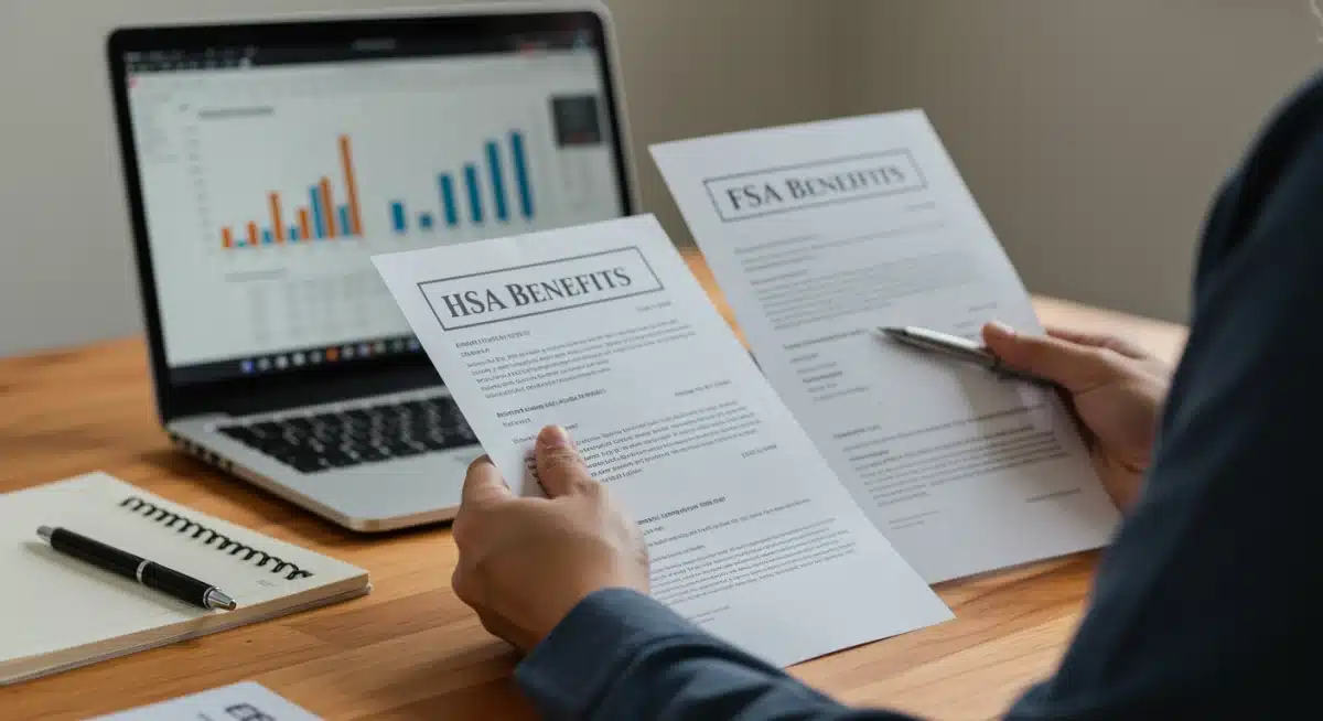 Individual comparing HSA and FSA benefit documents, financial decision making