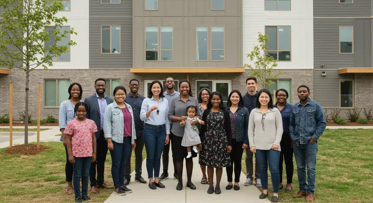 Families celebrating new affordable housing, symbolizing community impact.