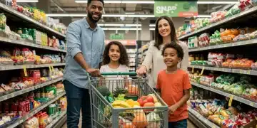 Family smiling while grocery shopping with a full cart, representing increased food security