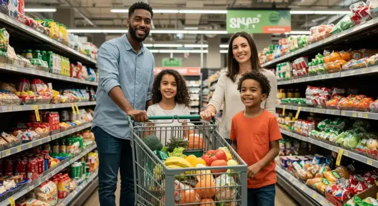 Family smiling while grocery shopping with a full cart, representing increased food security
