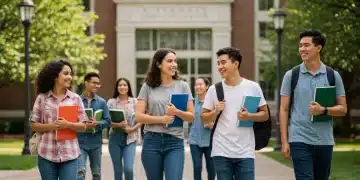 First-generation students confidently approaching a university campus, symbolizing success in college applications.