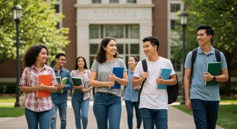 First-generation students confidently approaching a university campus, symbolizing success in college applications.