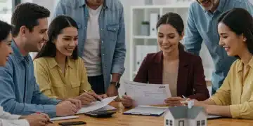 Smiling US homeowners reviewing tax documents with a financial advisor.