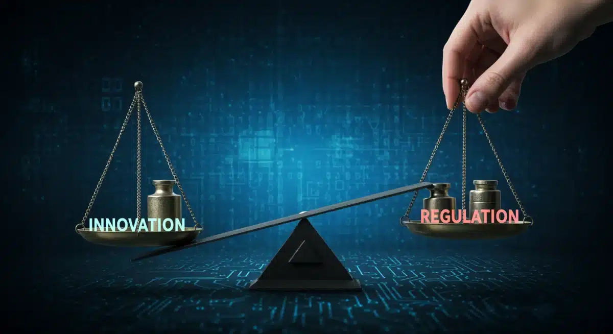 Balance scale symbolizing the delicate equilibrium between technological innovation and government regulation.