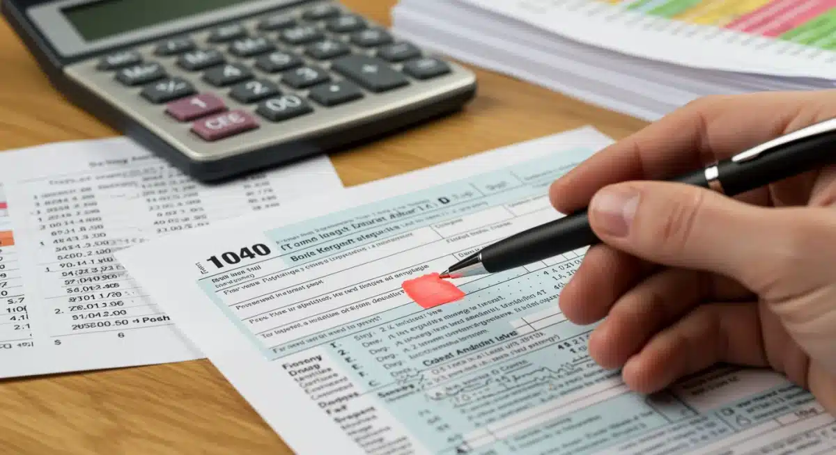 Hand highlighting mortgage interest deduction on a tax form for homeowners.