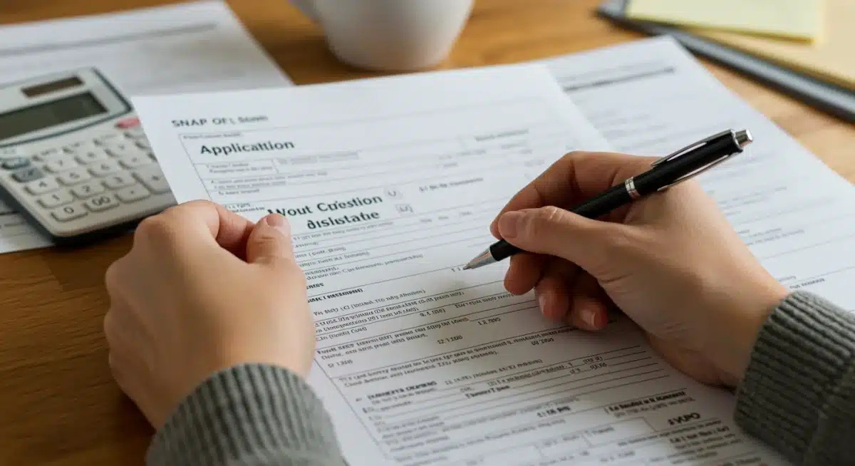 Hands filling out SNAP application form with pen and documents