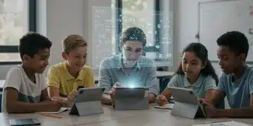 Students learning with AI in a modern classroom, preparing for future careers.