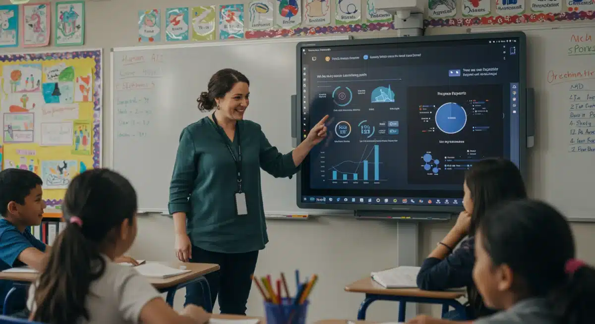 Teacher guiding students with AI-powered interactive smartboard for personalized learning.