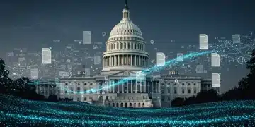 Exclusive Report: 3 Major Tech Policy Shifts in Q1 2025 Stylized digital landscape showing data flows and regulatory documents with US Capitol in background, symbolizing tech policy changes.