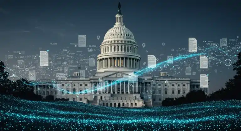 Stylized digital landscape showing data flows and regulatory documents with US Capitol in background, symbolizing tech policy changes.