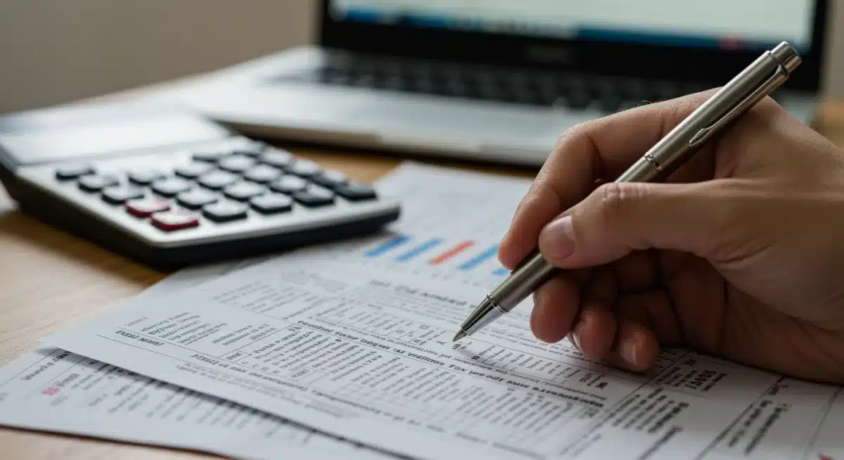 Hand with pen over tax form, calculating child tax credit eligibility