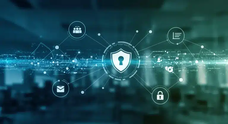 Illustration of cybersecurity shield protecting a digital network, signifying new directives' impact on businesses.