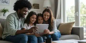 Family smiling, reviewing financial documents on a tablet, symbolizing child tax credit benefits