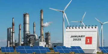 Industrial landscape with green energy, highlighting new environmental regulations 2025