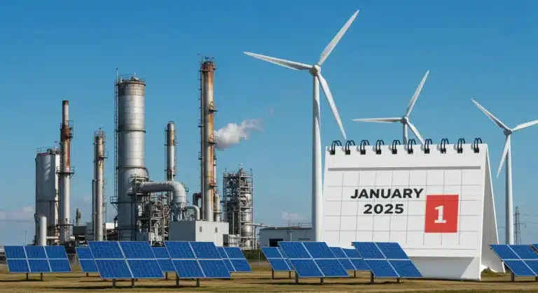 Industrial landscape with green energy, highlighting new environmental regulations 2025