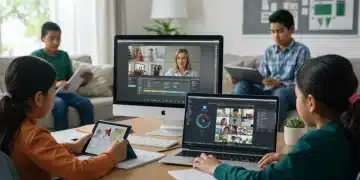 Students learning remotely on various devices with diverse educational platforms