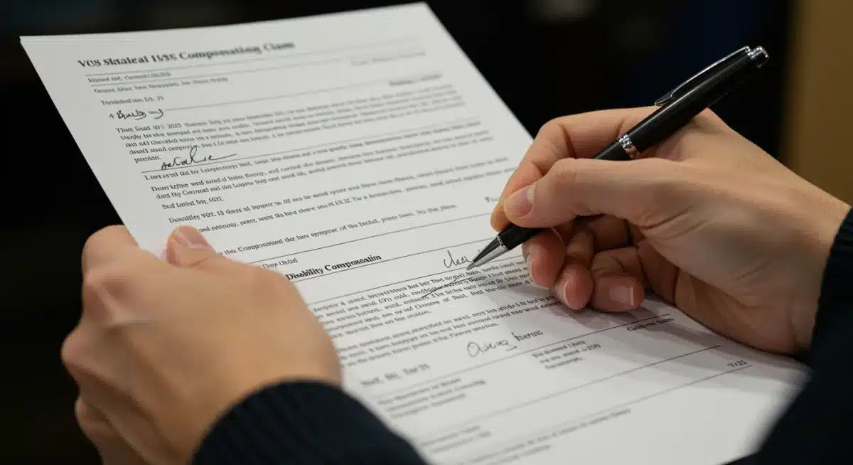 Hands reviewing VA disability compensation documents for 2025 updates.