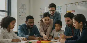 Parents and children actively learning together in a classroom, representing engagement with new Common Core Standards.