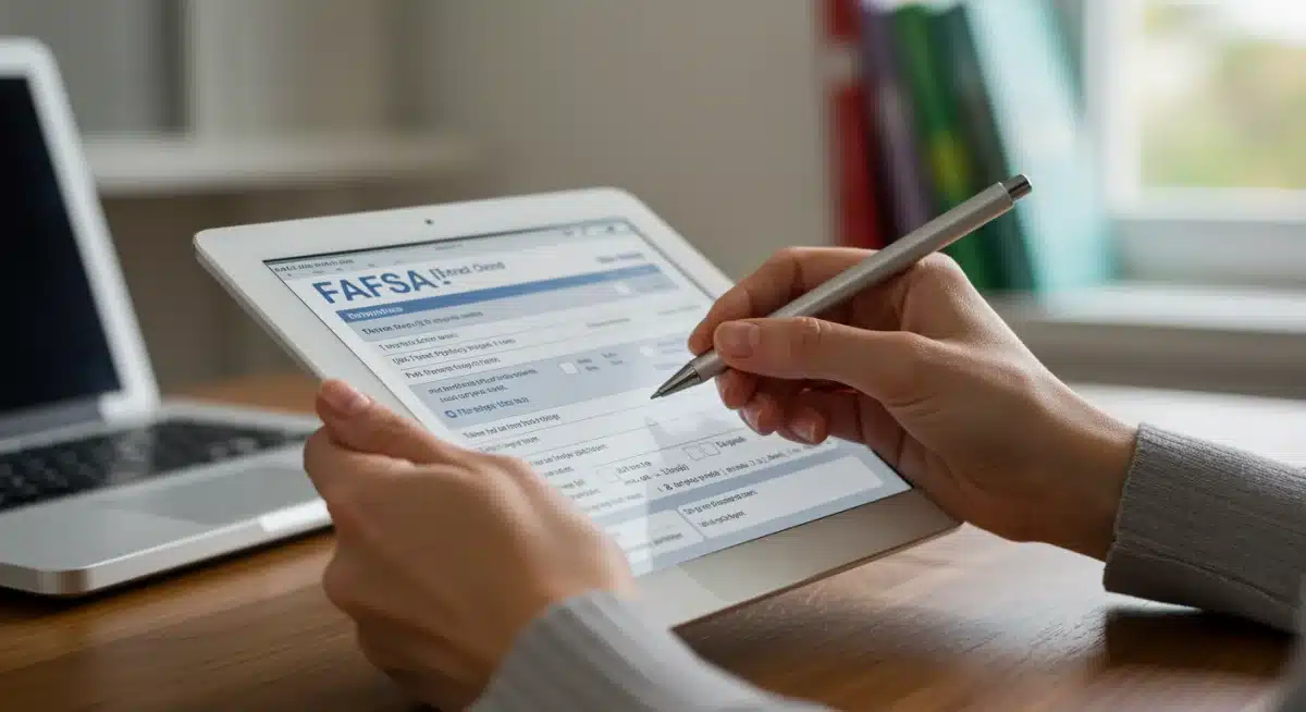 Hand filling out simplified digital FAFSA form on tablet