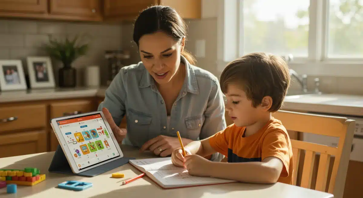 Parent and child solving a math problem at home, demonstrating personalized learning support.