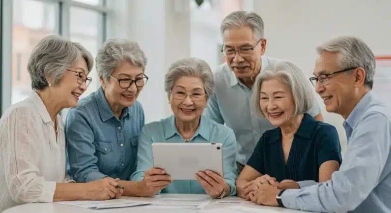 Seniors discussing 2025 Medicare Advantage benefits with a healthcare advisor, reviewing plan options on a tablet.