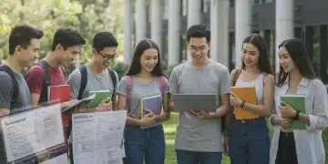 College students studying with FAFSA forms, discussing financial aid changes