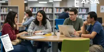 Students reviewing FAFSA forms and discussing financial aid in a college library
