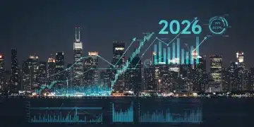 Futuristic cityscape with financial data overlays representing 2026 investment growth
