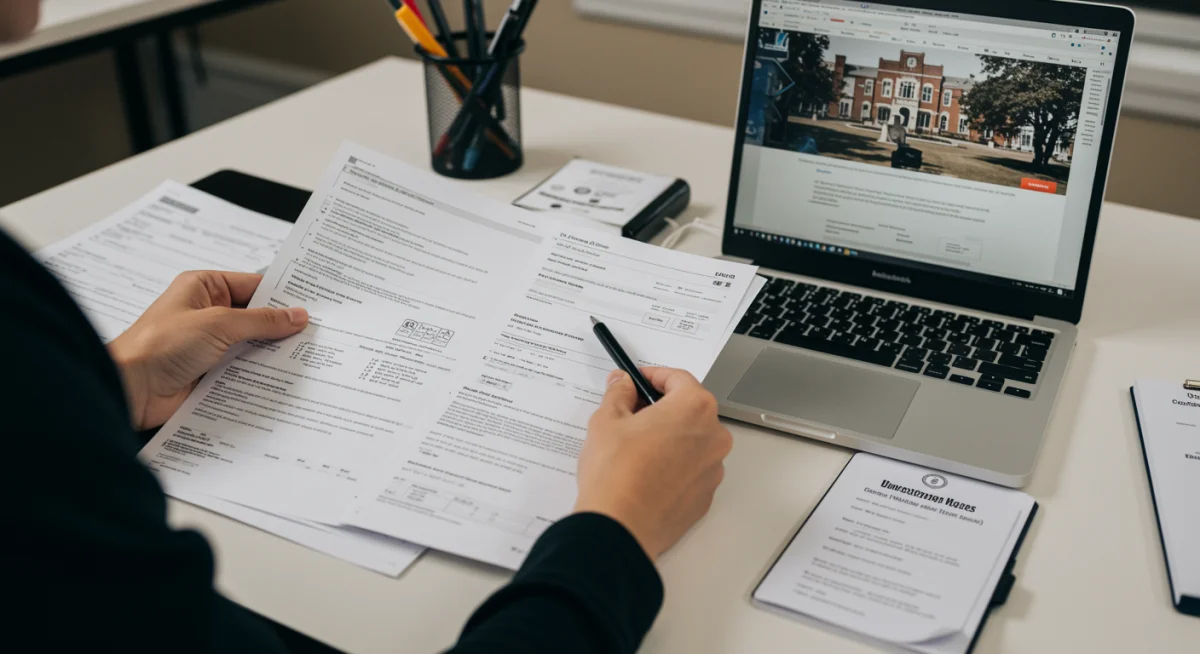 Student meticulously preparing US college application documents