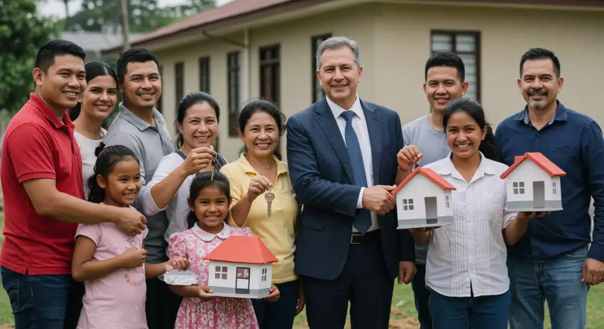 Families receiving keys to new homes from a housing program representative