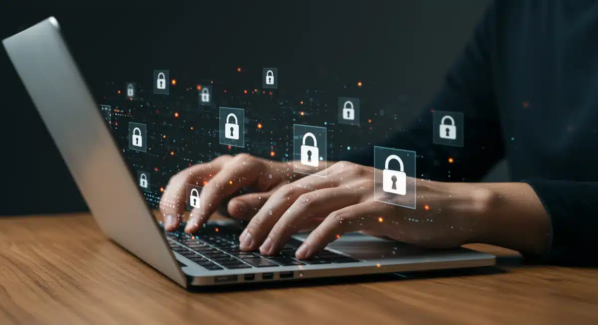 Person securing data on laptop with encryption