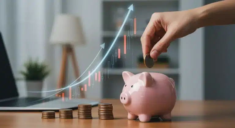 Hand placing coins in piggy bank with rising interest rate charts and Federal Reserve logo in background, symbolizing savings impact.
