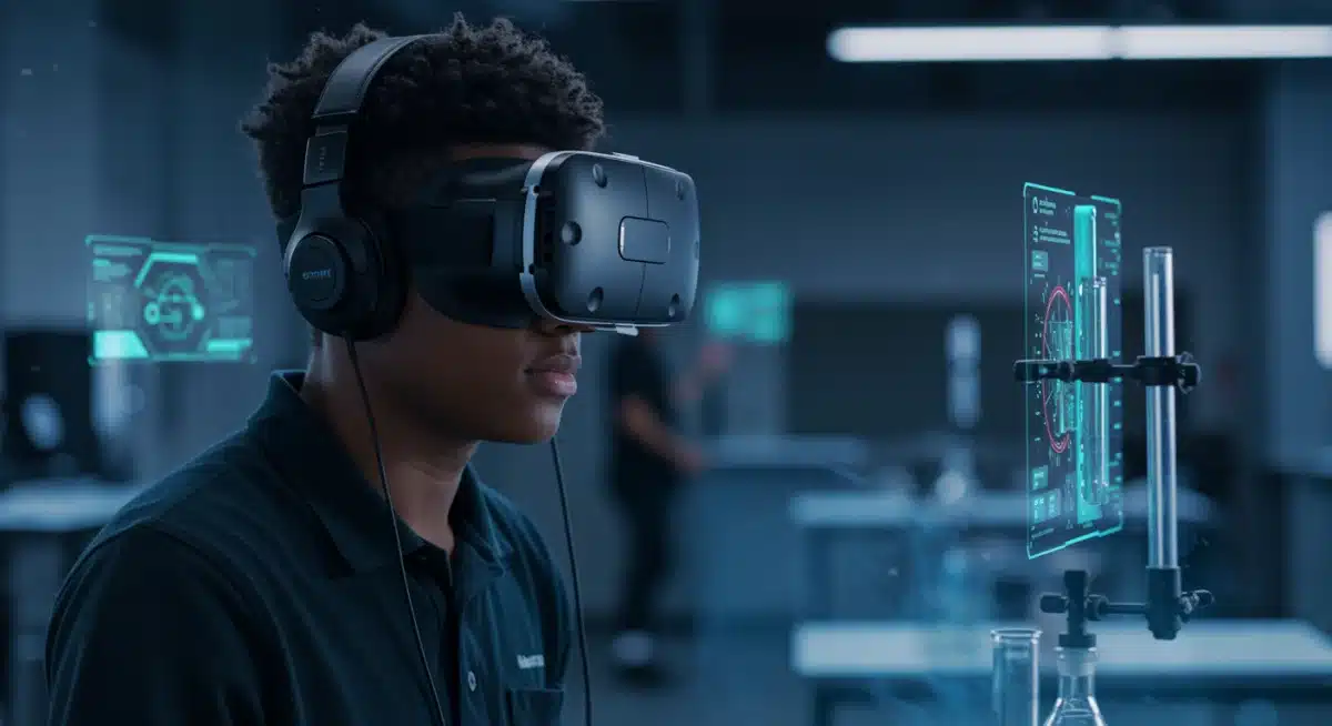 High school student using VR for an immersive science lesson, demonstrating advanced educational technology.