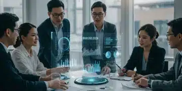 Professionals analyzing 2026 employee benefits data on a holographic screen