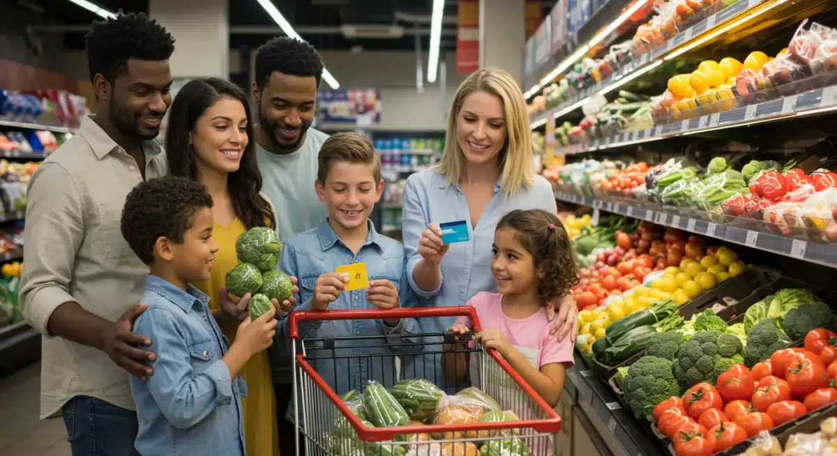 Family using EBT card to buy fresh produce, promoting healthy eating habits.