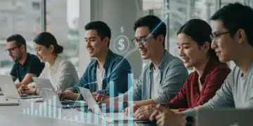 Students engaged in online learning, symbolizing career advancement and return on investment in education.