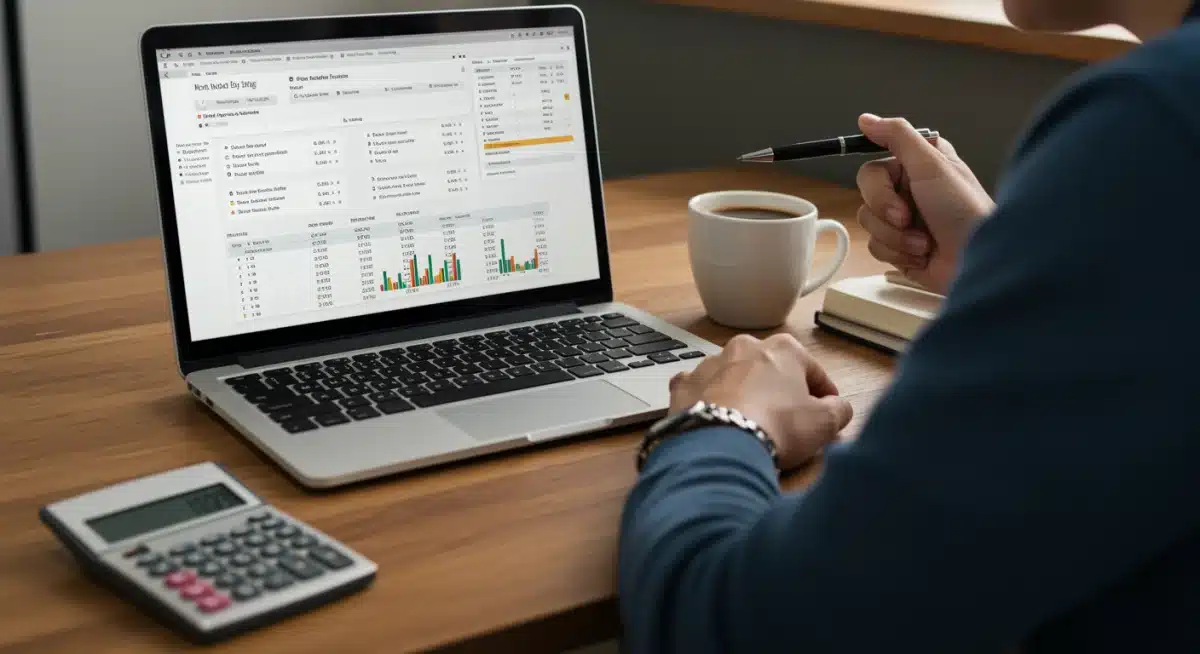 Individual engaging in personal financial planning, budgeting on a laptop, with a calculator and coffee, reflecting proactive financial management.