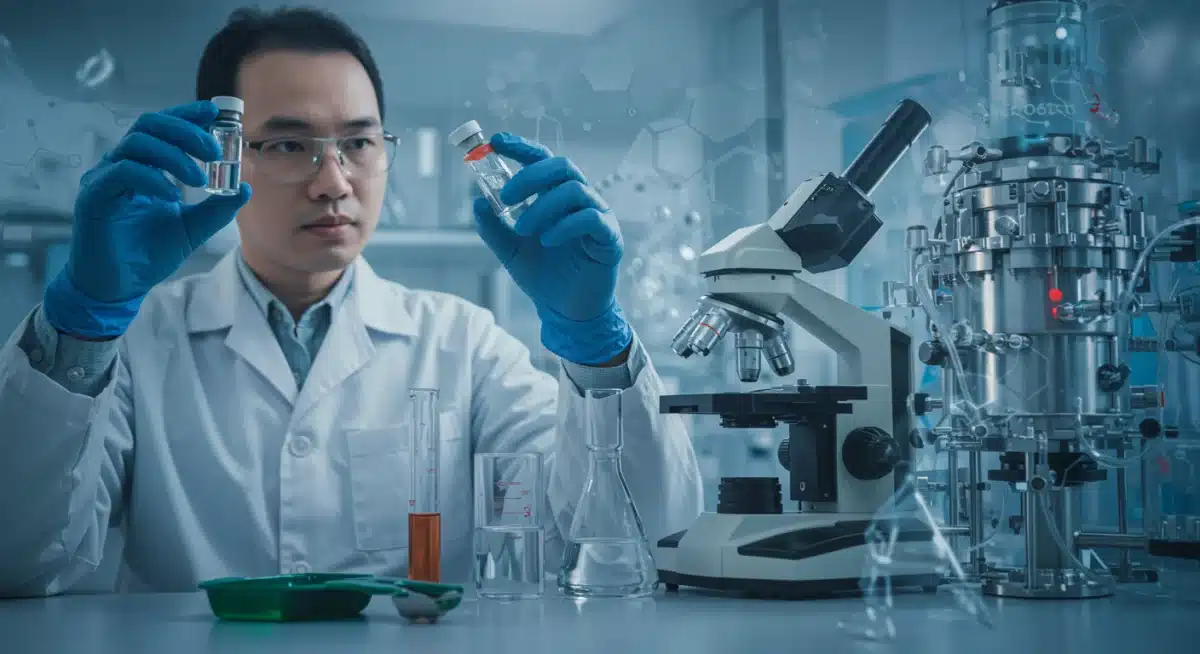 Pharmaceutical researcher conducting research in a lab.