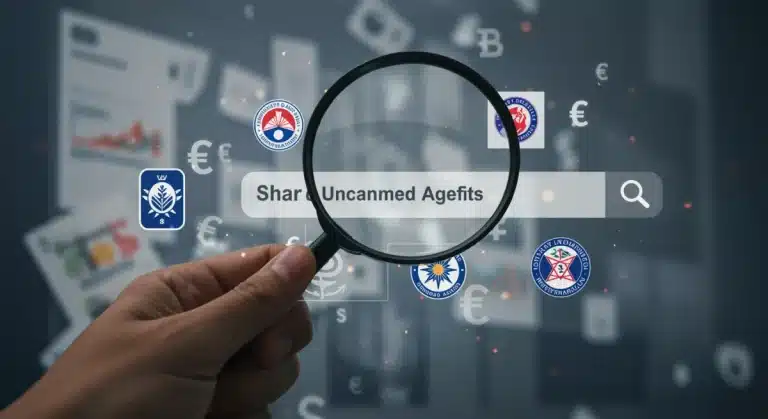 Person searching for unclaimed benefits online on a laptop, federal and state programs