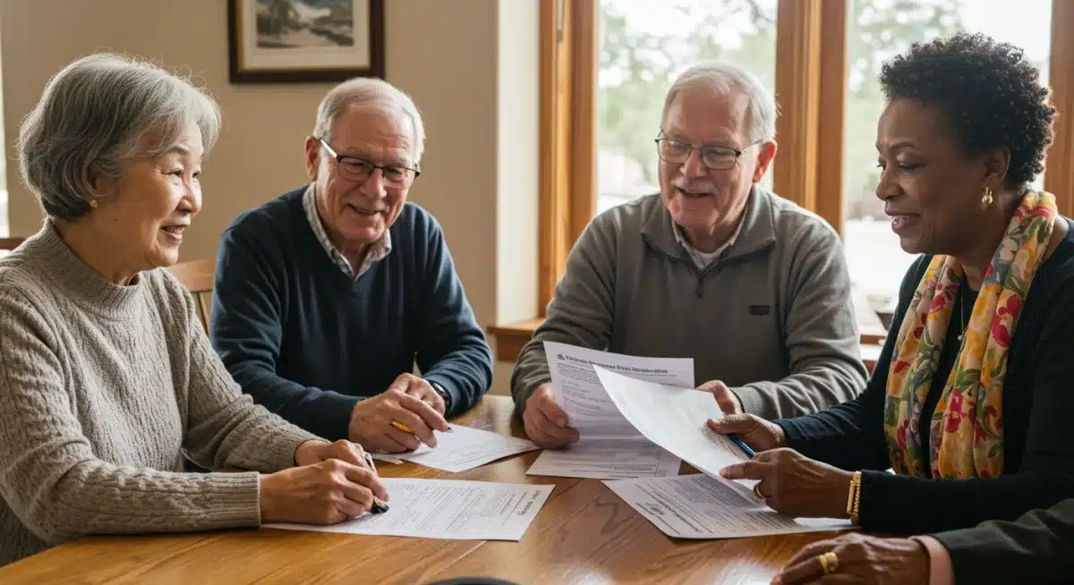 Senior citizens discussing Social Security documents, highlighting community and financial understanding