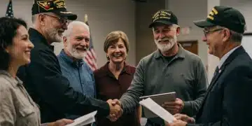 Veterans accessing benefit information and support in a community center.