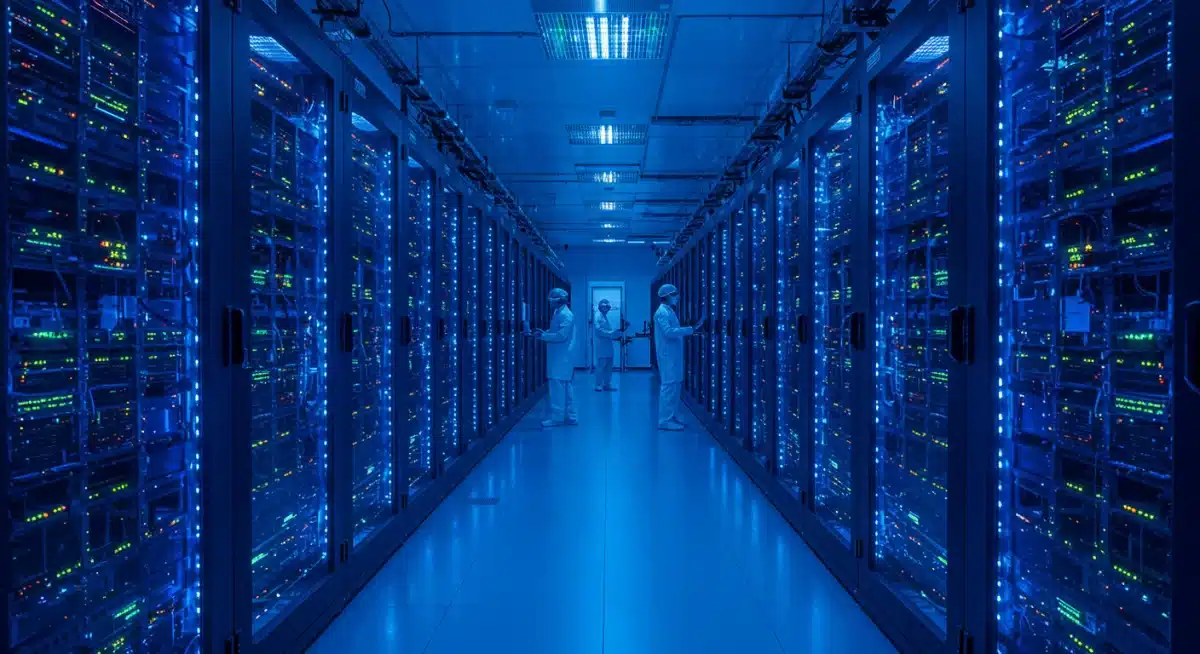 Rows of glowing server racks in a modern data center, symbolizing digital infrastructure.