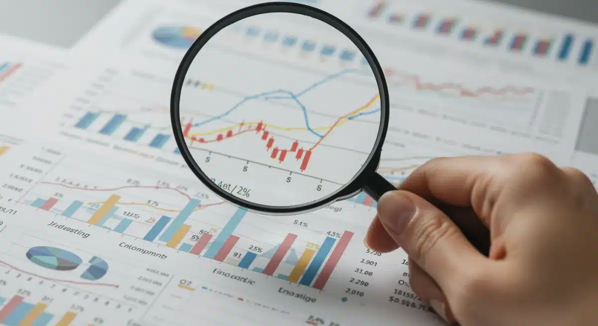 Magnifying glass over economic charts, symbolizing detailed analysis of labor market trends.