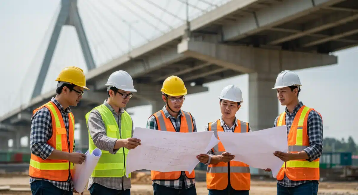 Engineers reviewing blueprints on a bridge construction site, symbolizing project planning.
