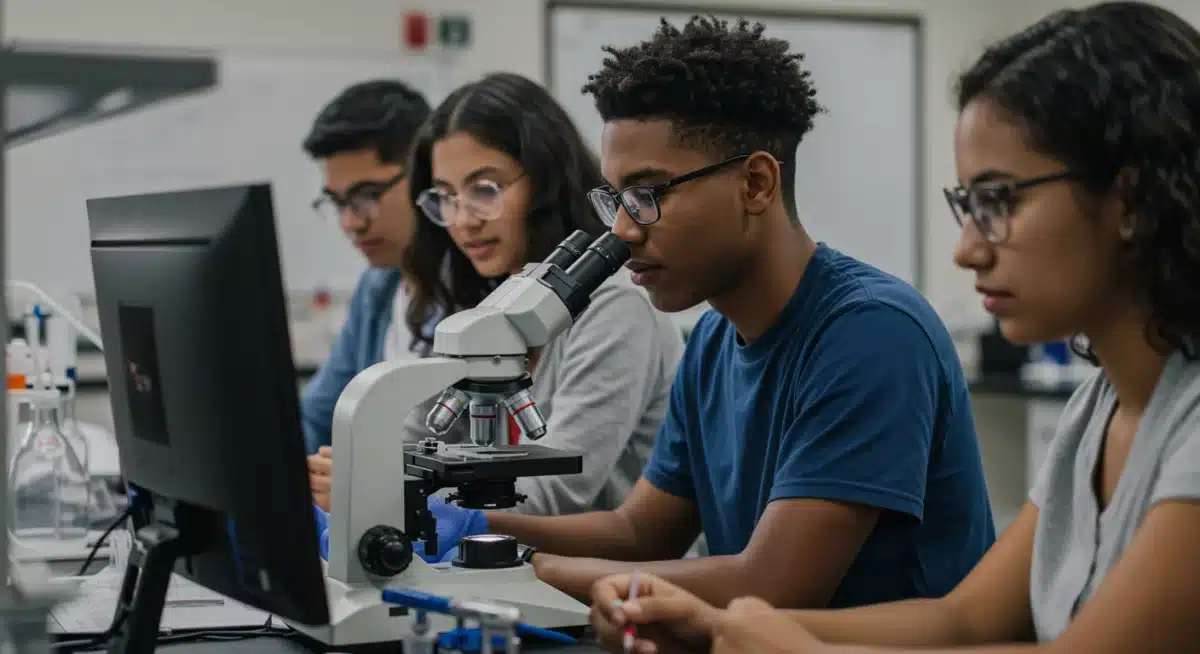 High school students collaborating in a modern science lab