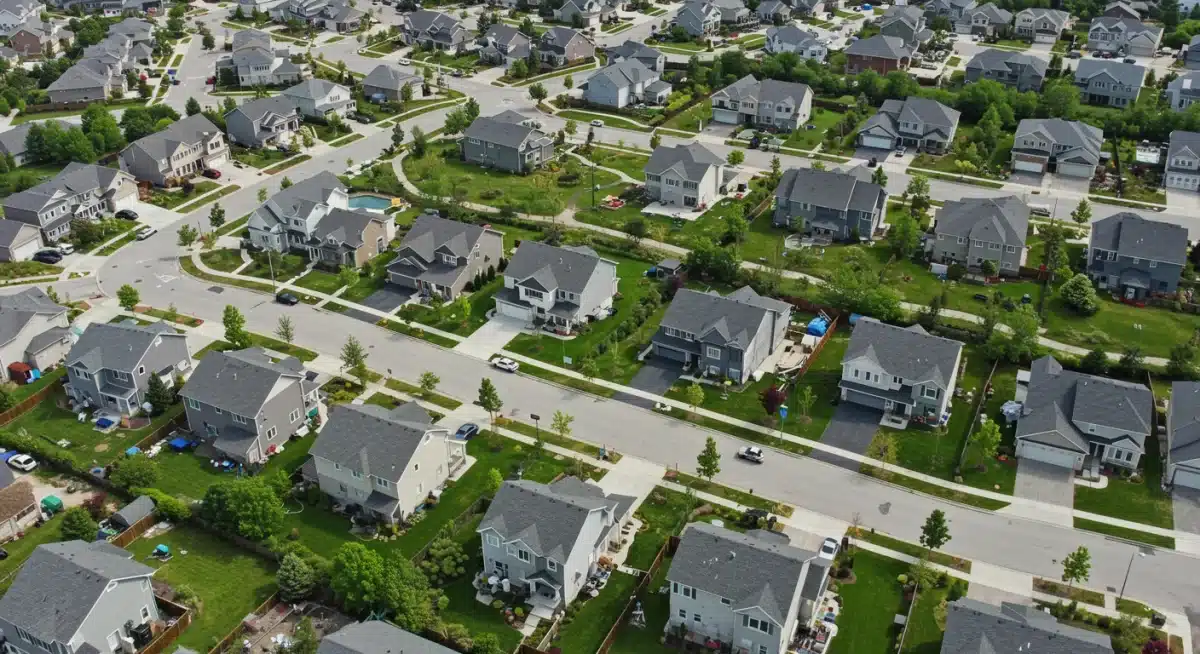 Aerial view of diverse housing development, showing market impact.
