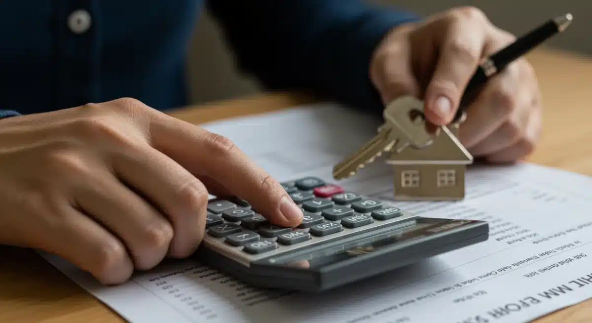 Hands with calculator and house key, symbolizing mortgage planning.
