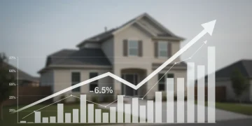 Graph showing rising mortgage rates towards 6.5% impacting a suburban home.
