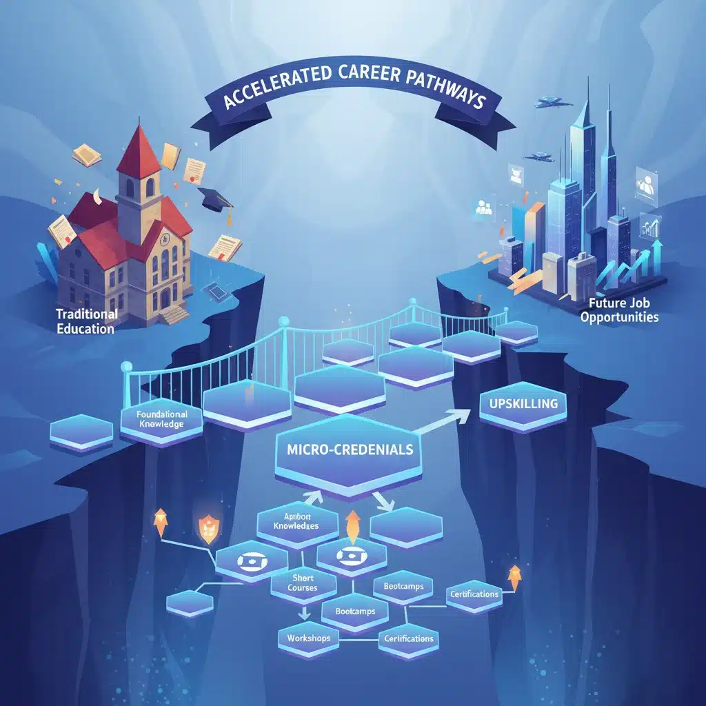 Illustration of a bridge from education to jobs, emphasizing micro-credentials for career growth.